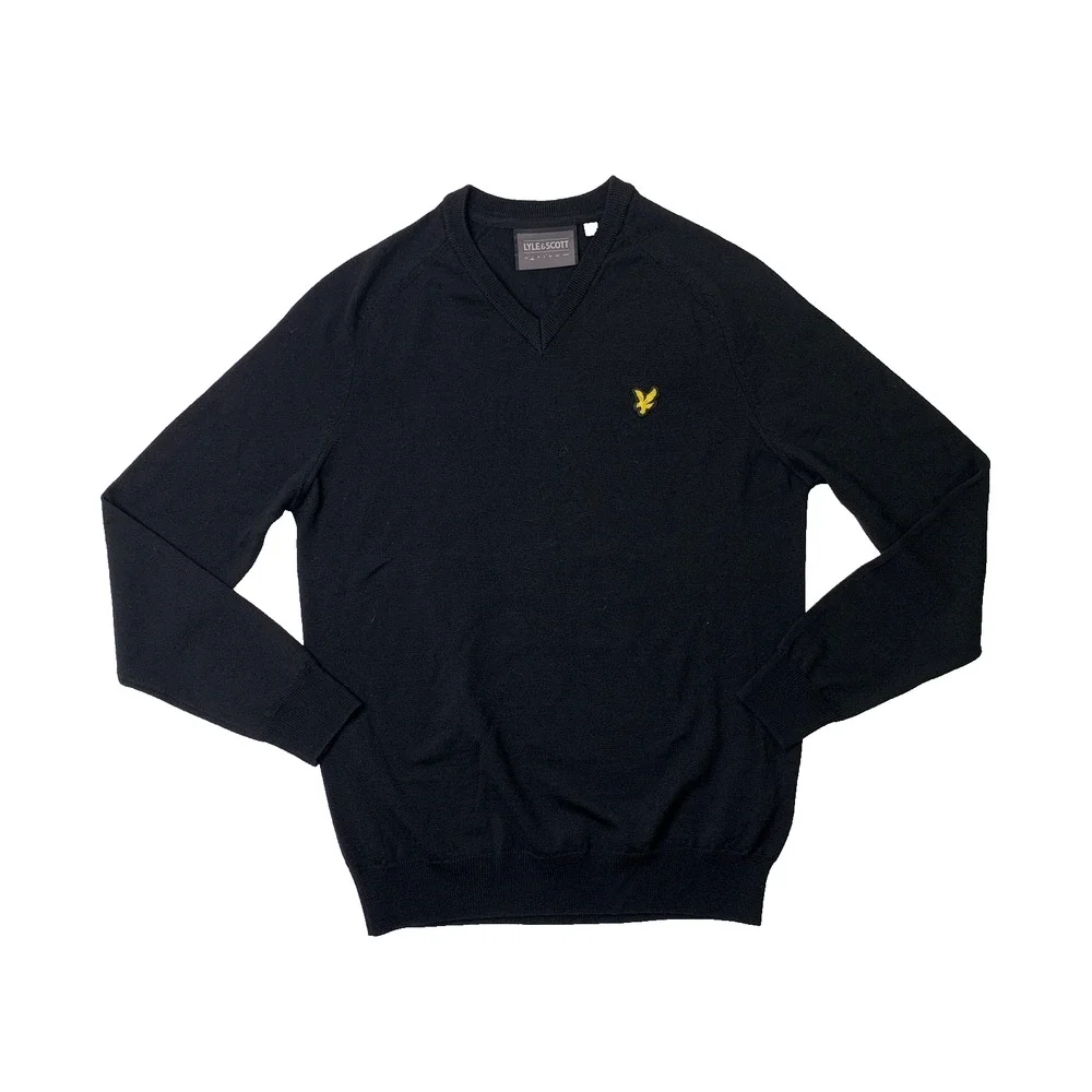 Lyle & Scott Sweater Mens S Small Black Merino Wool Knit V Neck Pullover Crew